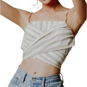 Chriselle Lim for J.O.A. Crop Top w/Tie Tan Cream Stripe L